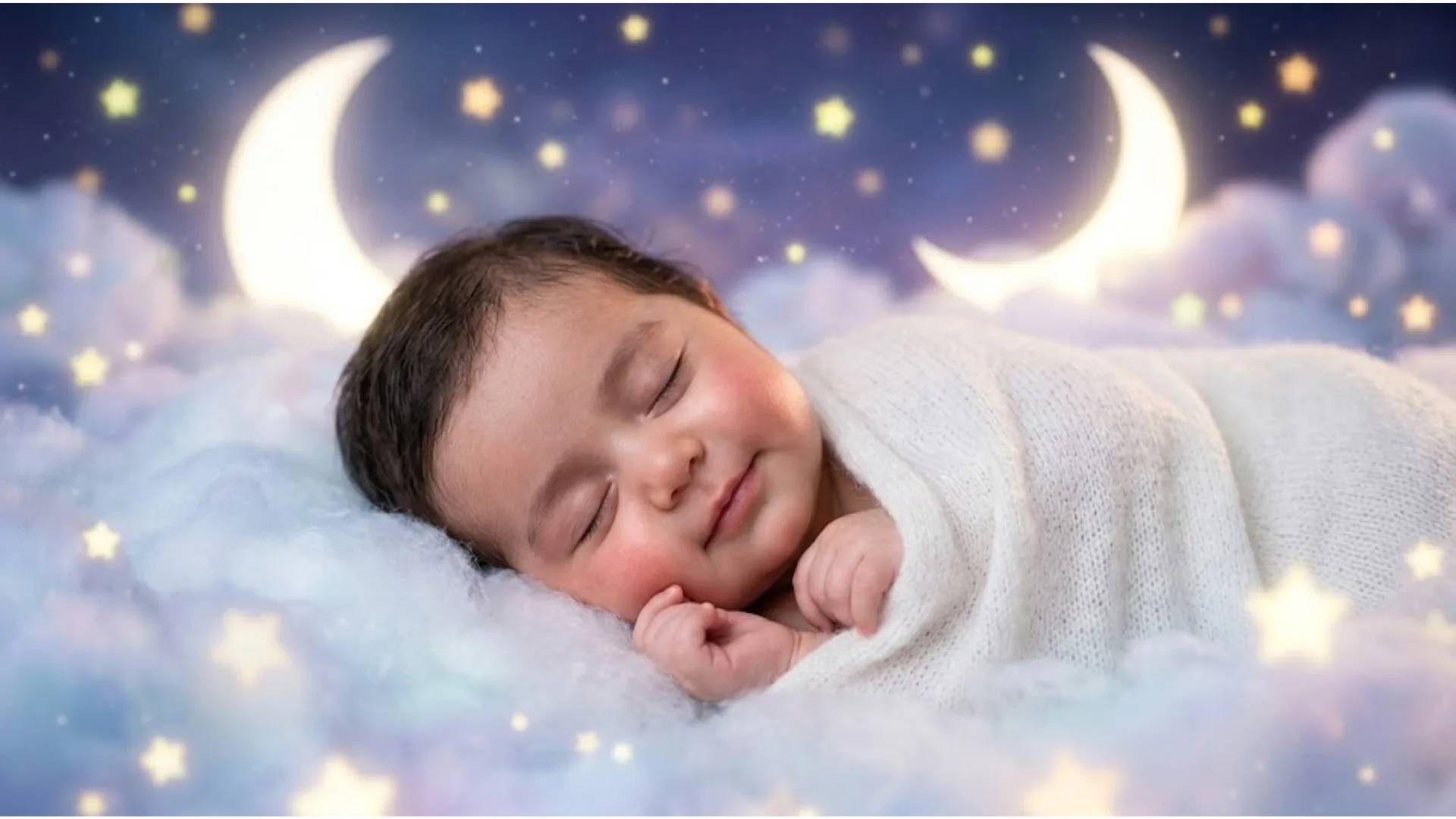AI-generated baby portrait floating on a soft cloud bed surrounded by glowing stars and a bright crescent moon